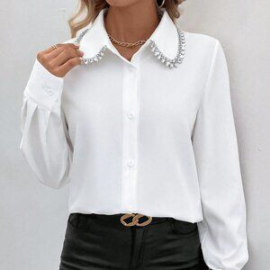White Preppy Women's Solid Color Shirt With Diamond Decoration